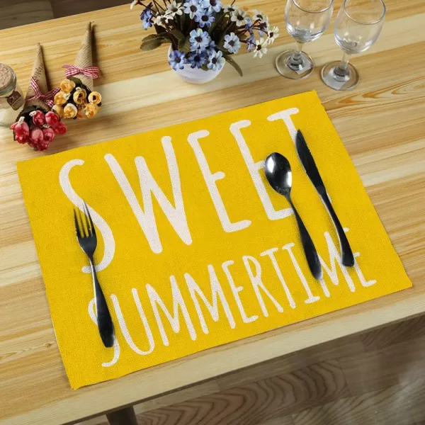 ARKENY Hello Sweet Summer Time Yellow Sunflower Placemats 12x18 Inches Set of 4Seasonal Burlap Farmhouse Indoor Kitchen Dining Table Decoration for Home PartyARKENY Hello Sweet Summer Time Yellow Sunflower Placemats 12x18 Inches Set of 4Seasonal Burlap Farmhouse Indoor Kitchen Dining Table Decoration for Home Party