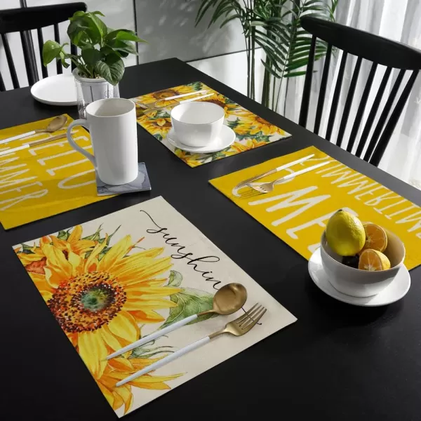 ARKENY Hello Sweet Summer Time Yellow Sunflower Placemats 12x18 Inches Set of 4Seasonal Burlap Farmhouse Indoor Kitchen Dining Table Decoration for Home PartyARKENY Hello Sweet Summer Time Yellow Sunflower Placemats 12x18 Inches Set of 4Seasonal Burlap Farmhouse Indoor Kitchen Dining Table Decoration for Home Party