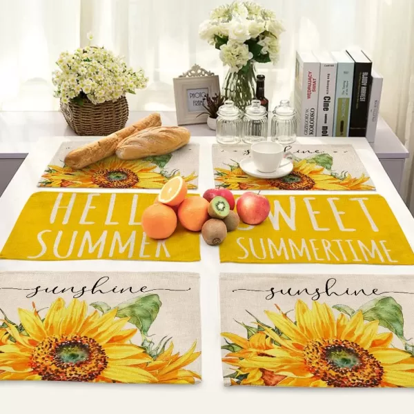 ARKENY Hello Sweet Summer Time Yellow Sunflower Placemats 12x18 Inches Set of 4Seasonal Burlap Farmhouse Indoor Kitchen Dining Table Decoration for Home PartyARKENY Hello Sweet Summer Time Yellow Sunflower Placemats 12x18 Inches Set of 4Seasonal Burlap Farmhouse Indoor Kitchen Dining Table Decoration for Home Party