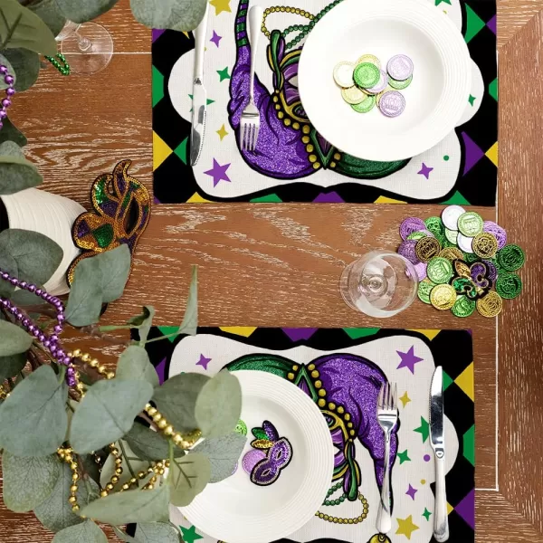 ARKENY Mardi Gras Carnival Placemats 12x18 Inches Set of 4 Fleur De Lis Mask Clown Purple Seasonal Farmhouse Burlap Indoor Kitchen Dining Table Mats Decorations for Home PartyPurple Placemats Set of 4  12X18