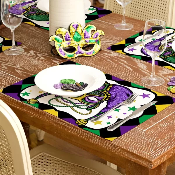 ARKENY Mardi Gras Carnival Placemats 12x18 Inches Set of 4 Fleur De Lis Mask Clown Purple Seasonal Farmhouse Burlap Indoor Kitchen Dining Table Mats Decorations for Home PartyPurple Placemats Set of 4  12X18