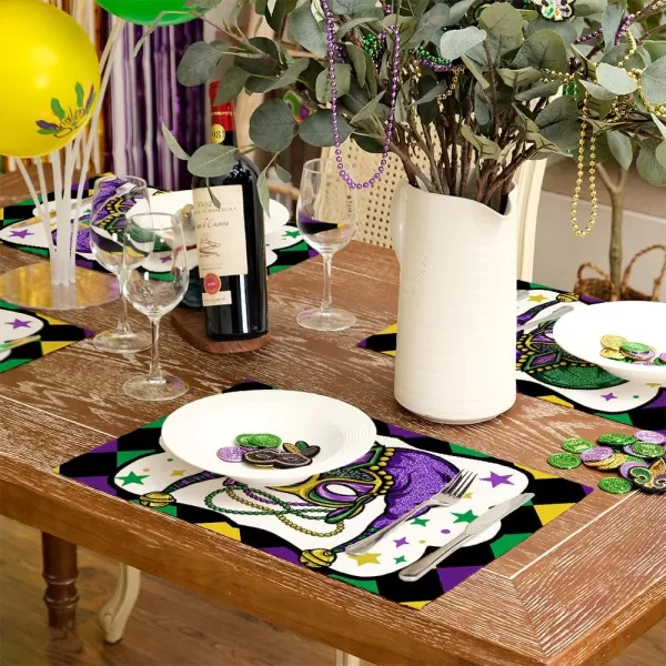 ARKENY Mardi Gras Carnival Placemats 12x18 Inches Set of 4 Fleur De Lis Mask Clown Purple Seasonal Farmhouse Burlap Indoor Kitchen Dining Table Mats Decorations for Home PartyPurple Placemats Set of 4  12X18