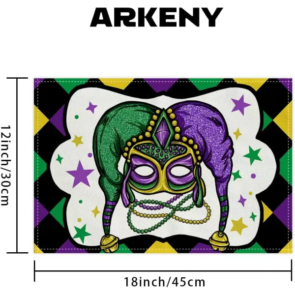 ARKENY Mardi Gras Carnival Placemats 12x18 Inches Set of 4 Fleur De Lis Mask Clown Purple Seasonal Farmhouse Burlap Indoor Kitchen Dining Table Mats Decorations for Home PartyPurple Placemats Set of 4  12X18