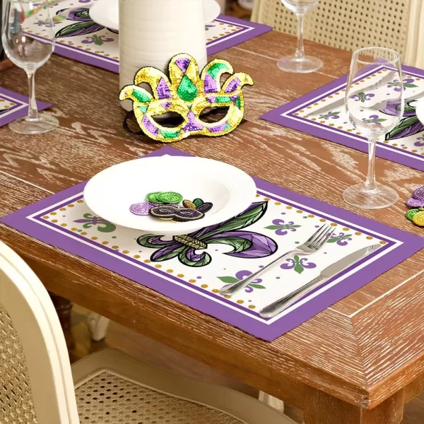 ARKENY Mardi Gras Carnival Placemats 12x18 Inches Set of 4 Fleur De Lis Purple Seasonal Farmhouse Burlap Indoor Kitchen Dining Table Decorations for Home Party AP35918Purple Placemats Set of 4  12X18