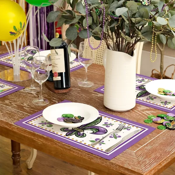 ARKENY Mardi Gras Carnival Placemats 12x18 Inches Set of 4 Fleur De Lis Purple Seasonal Farmhouse Burlap Indoor Kitchen Dining Table Decorations for Home Party AP35918Purple Placemats Set of 4  12X18