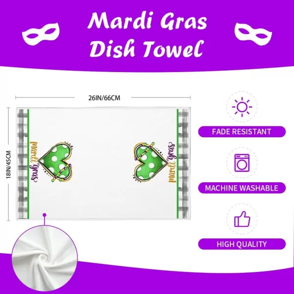 ARKENY Mardi Gras Kitchen Towels Set of 2Buffalo Plaid Heart Green Fleur De Lis Beads Dish Towels 18x26 Inch Drying DishclothFarmhouse Mardi Gras Carnival Seasonal Holiday Decorations AD262Green Heart