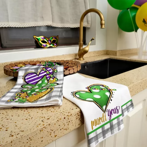 ARKENY Mardi Gras Kitchen Towels Set of 2Buffalo Plaid Heart Green Fleur De Lis Beads Dish Towels 18x26 Inch Drying DishclothFarmhouse Mardi Gras Carnival Seasonal Holiday Decorations AD262Green Heart