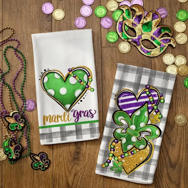 ARKENY Mardi Gras Kitchen Towels Set of 2Buffalo Plaid Heart Green Fleur De Lis Beads Dish Towels 18x26 Inch Drying DishclothFarmhouse Mardi Gras Carnival Seasonal Holiday Decorations AD262Green Heart