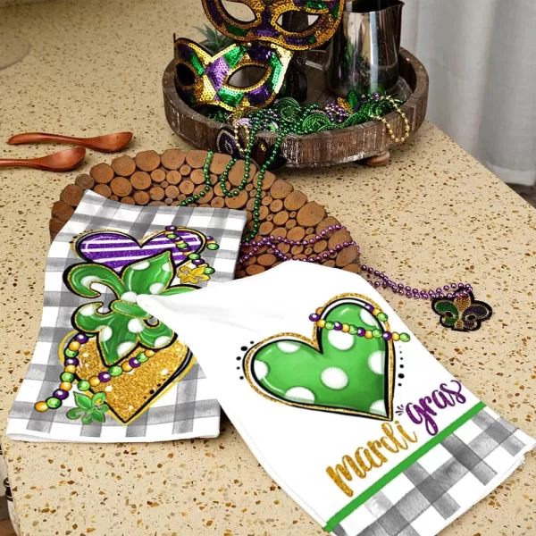 ARKENY Mardi Gras Kitchen Towels Set of 2Buffalo Plaid Heart Green Fleur De Lis Beads Dish Towels 18x26 Inch Drying DishclothFarmhouse Mardi Gras Carnival Seasonal Holiday Decorations AD262Green Heart