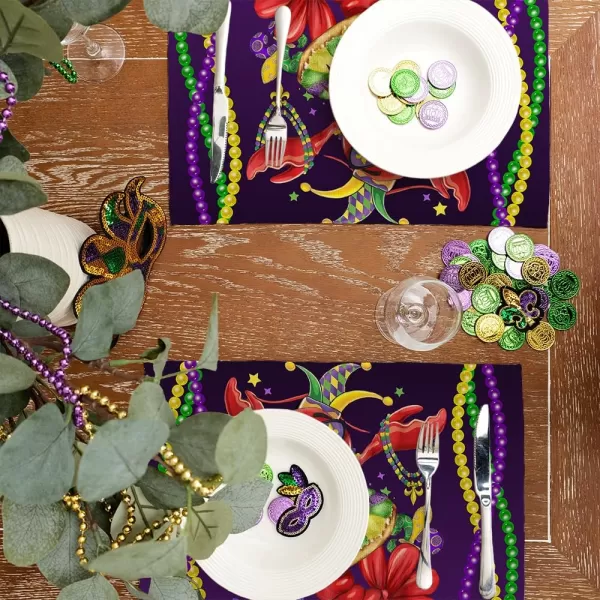 ARKENY Mardi Gras Placemats 12x18 Inches Set of 4 Crawfish Beads Seasonal Farmhouse Burlap Indoor Kitchen Dining Table Mats Decorations for Home Party AP3604Purple Placemats Set of 4  12X18