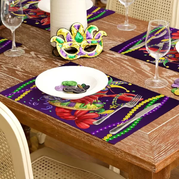 ARKENY Mardi Gras Placemats 12x18 Inches Set of 4 Crawfish Beads Seasonal Farmhouse Burlap Indoor Kitchen Dining Table Mats Decorations for Home Party AP3604Purple Placemats Set of 4  12X18