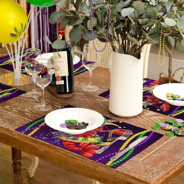 ARKENY Mardi Gras Placemats 12x18 Inches Set of 4 Crawfish Beads Seasonal Farmhouse Burlap Indoor Kitchen Dining Table Mats Decorations for Home Party AP3604Purple Placemats Set of 4  12X18