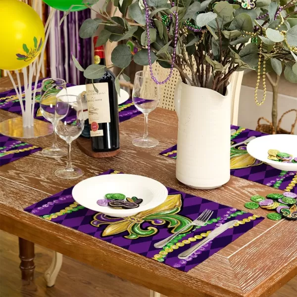 ARKENY Mardi Gras Placemats 12x18 Inches Set of 4 Fleur De Lis Purple Seasonal Farmhouse Diamond Lattice Burlap Indoor Kitchen Dining Table Decorations for Home Party AP5434Purple Placemats Set of 4  12X18