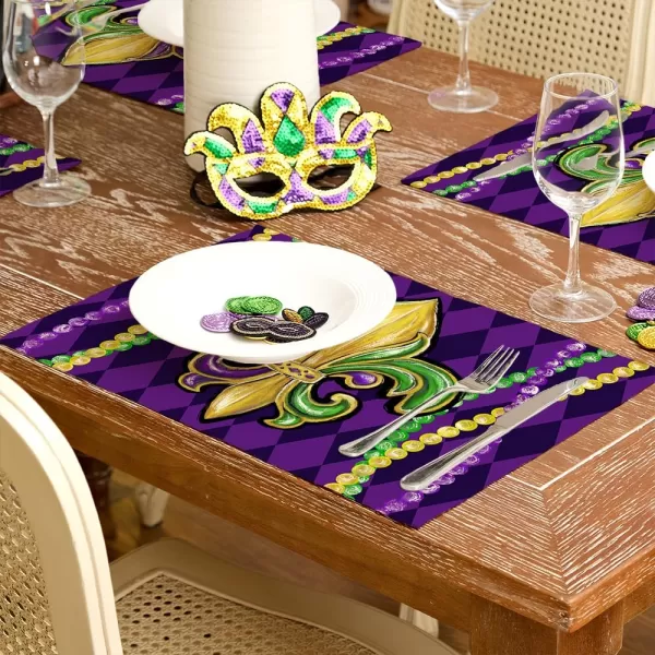 ARKENY Mardi Gras Placemats 12x18 Inches Set of 4 Fleur De Lis Purple Seasonal Farmhouse Diamond Lattice Burlap Indoor Kitchen Dining Table Decorations for Home Party AP5434Purple Placemats Set of 4  12X18