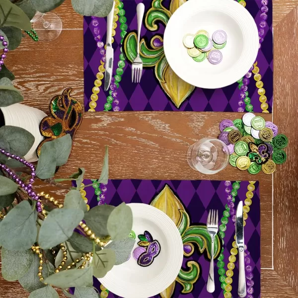 ARKENY Mardi Gras Placemats 12x18 Inches Set of 4 Fleur De Lis Purple Seasonal Farmhouse Diamond Lattice Burlap Indoor Kitchen Dining Table Decorations for Home Party AP5434Purple Placemats Set of 4  12X18