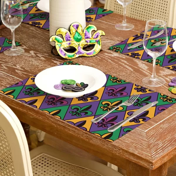 ARKENY Mardi Gras Placemats 12x18 Inches Set of 4 Fleur De Lis Seasonal Farmhouse Diamond Lattice Burlap Indoor Kitchen Dining Table Decorations for Home Party AP0684Purple Placemats Set of 4  12X18