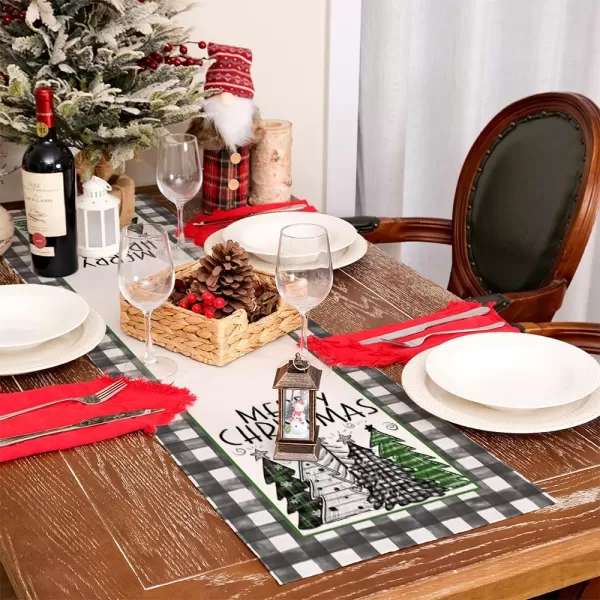 ARKENY Merry Christmas Placemats 12x18 Inches Set of 4 Xmas Tree Seasonal Farmhouse Burlap Buffalo Plaid Indoor Kitchen Dining Table Decorations for Home Party AP19318Green Table Runner  13X48