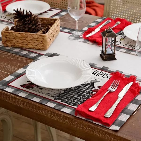 ARKENY Merry Christmas Placemats 12x18 Inches Set of 4 Xmas Tree Seasonal Farmhouse Burlap Buffalo Plaid Indoor Kitchen Dining Table Decorations for Home Party AP19318Red Placemats Set of 4  12X18