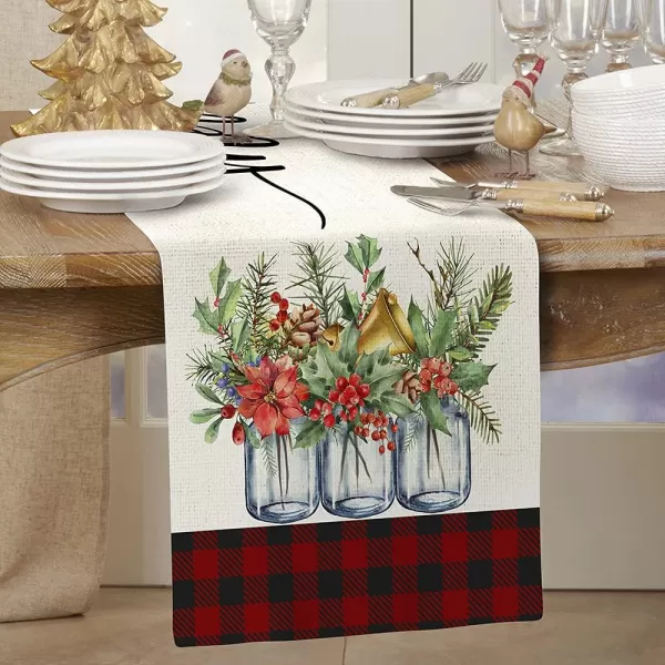ARKENY Merry Christmas White Red Buffalo Plaid Floral Vase Leaves Holly Table Runner 13x72 Inches Long Farmhouse Indoor Outdoor Vintage Theme Gathering Dinner Party Holiday Decor AT014Red and Black