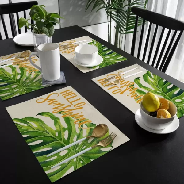 ARKENY Palm Leaves Hello Sunshine Placemats 12x18 Inches Set of 4Seasonal Burlap Farmhouse Indoor Kitchen Dining Table Decoration for Home PartyARKENY Palm Leaves Hello Sunshine Placemats 12x18 Inches Set of 4Seasonal Burlap Farmhouse Indoor Kitchen Dining Table Decoration for Home Party