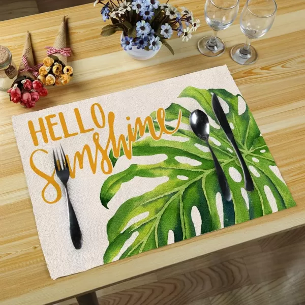 ARKENY Palm Leaves Hello Sunshine Placemats 12x18 Inches Set of 4Seasonal Burlap Farmhouse Indoor Kitchen Dining Table Decoration for Home PartyARKENY Palm Leaves Hello Sunshine Placemats 12x18 Inches Set of 4Seasonal Burlap Farmhouse Indoor Kitchen Dining Table Decoration for Home Party