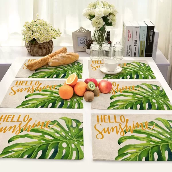 ARKENY Palm Leaves Hello Sunshine Placemats 12x18 Inches Set of 4Seasonal Burlap Farmhouse Indoor Kitchen Dining Table Decoration for Home PartyARKENY Palm Leaves Hello Sunshine Placemats 12x18 Inches Set of 4Seasonal Burlap Farmhouse Indoor Kitchen Dining Table Decoration for Home Party