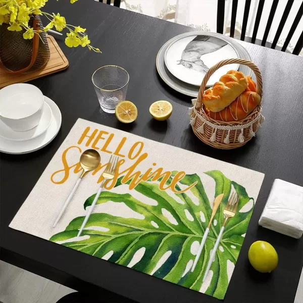 ARKENY Palm Leaves Hello Sunshine Placemats 12x18 Inches Set of 4Seasonal Burlap Farmhouse Indoor Kitchen Dining Table Decoration for Home PartyARKENY Palm Leaves Hello Sunshine Placemats 12x18 Inches Set of 4Seasonal Burlap Farmhouse Indoor Kitchen Dining Table Decoration for Home Party