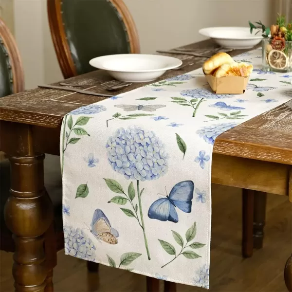 ARKENY Spring Summer Hydrangea Flower Butterfly Table Runner 13x90 InchesSeasonal Burlap Farmhouse Indoor Kitchen Dining Table Decoration for Home Partytable runner 13X108