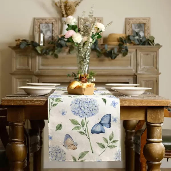 ARKENY Spring Summer Hydrangea Flower Butterfly Table Runner 13x90 InchesSeasonal Burlap Farmhouse Indoor Kitchen Dining Table Decoration for Home Partytable runner 13X108