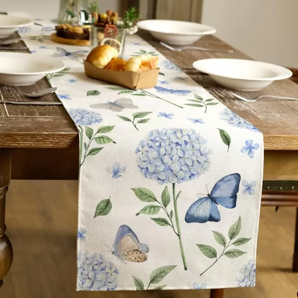 ARKENY Spring Summer Hydrangea Flower Butterfly Table Runner 13x90 InchesSeasonal Burlap Farmhouse Indoor Kitchen Dining Table Decoration for Home Partytable runner 13X90