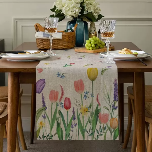 ARKENY Spring Summer Lavender Tulip Flower Table Runner 13x90 InchesSeasonal Burlap Farmhouse Indoor Kitchen Dining Table Decoration for Home PartyTable Runner 13X90