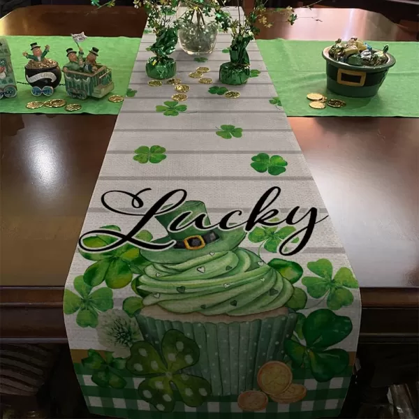 ARKENY St Patricks Day Lucky Green Shamrock Table Runner 72 Inches Gold Spring Seasonal Holiday Decor for Dining Table Indoor Home Farmhouse Tabletop Decoration AT390table runner 13X72