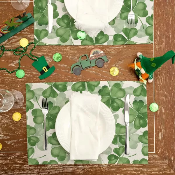 ARKENY St Patricks Day Placemats 12x18 Inches Set of 4 Green Shamrock Lucky Spring Seasonal Farmhouse Burlap Indoor Kitchen Dining Table Mats Decorations for Home Party AP5504Green Placemats Set of 4  12X18