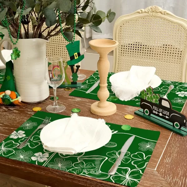 ARKENY St Patricks Day Placemats 12x18 Inches Set of 4 Green Shamrock Lucky Spring Seasonal Farmhouse Burlap Indoor Kitchen Dining Table Mats Decorations for Home Party AP25118Green Placemats Set of 4  12X18