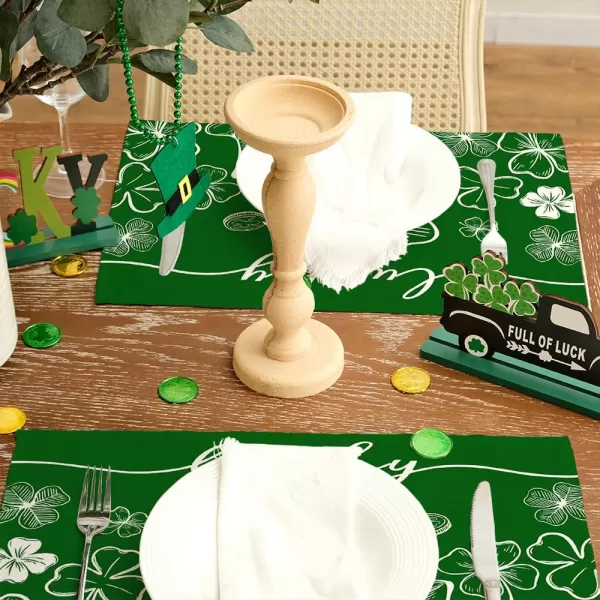ARKENY St Patricks Day Placemats 12x18 Inches Set of 4 Green Shamrock Lucky Spring Seasonal Farmhouse Burlap Indoor Kitchen Dining Table Mats Decorations for Home Party AP25118Green Placemats Set of 4  12X18