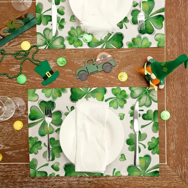 ARKENY St Patricks Day Placemats 12x18 Inches Set of 4 Green Shamrock Spring Seasonal Farmhouse Burlap Indoor Kitchen Dining Table Mats Decorations for Home Party AP54918Green Placemats Set of 4  12X18