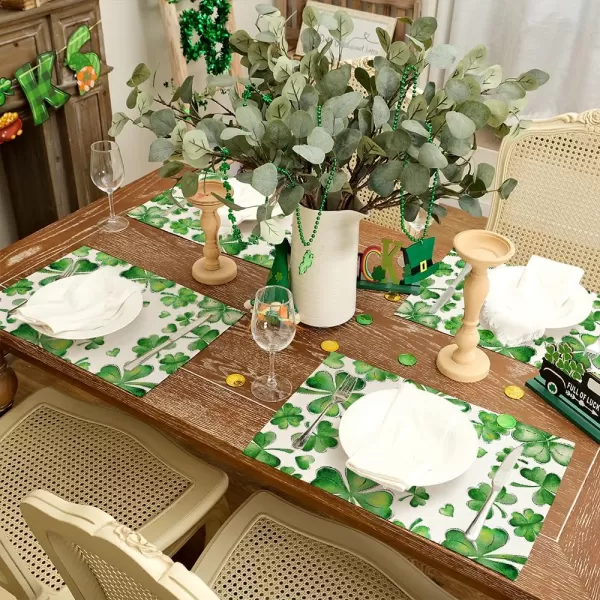 ARKENY St Patricks Day Placemats 12x18 Inches Set of 4 Green Shamrock Spring Seasonal Farmhouse Burlap Indoor Kitchen Dining Table Mats Decorations for Home Party AP54918Green Placemats Set of 4  12X18