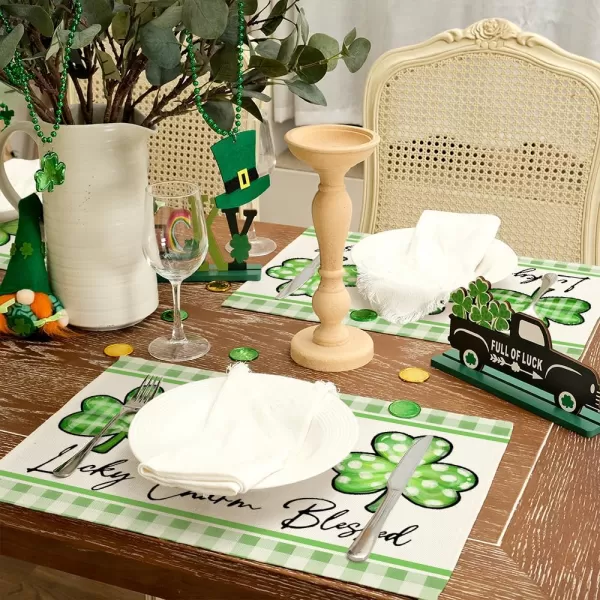 ARKENY St Patricks Day Placemats 12x18 Inches Set of 4 Shamrock Lucky Charm Blessed Spring Seasonal Farmhouse Burlap Green Plaid Indoor Kitchen Dining Table Mats Decorations for Home Party AP5414ARKENY St Patricks Day Placemats 12x18 Inches Set of 4 Shamrock Lucky Charm Blessed Spring Seasonal Farmhouse Burlap Green Plaid Indoor Kitchen Dining Table Mats Decorations for Home Party AP5414