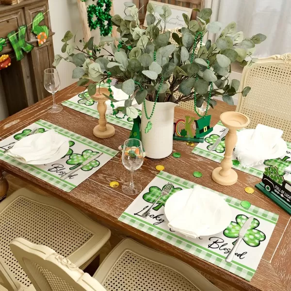 ARKENY St Patricks Day Placemats 12x18 Inches Set of 4 Shamrock Lucky Charm Blessed Spring Seasonal Farmhouse Burlap Green Plaid Indoor Kitchen Dining Table Mats Decorations for Home Party AP5414ARKENY St Patricks Day Placemats 12x18 Inches Set of 4 Shamrock Lucky Charm Blessed Spring Seasonal Farmhouse Burlap Green Plaid Indoor Kitchen Dining Table Mats Decorations for Home Party AP5414