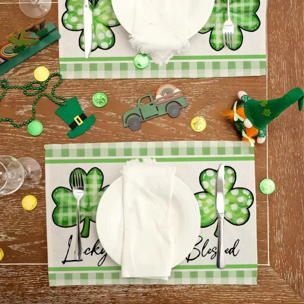 ARKENY St Patricks Day Placemats 12x18 Inches Set of 4 Shamrock Lucky Charm Blessed Spring Seasonal Farmhouse Burlap Green Plaid Indoor Kitchen Dining Table Mats Decorations for Home Party AP5414ARKENY St Patricks Day Placemats 12x18 Inches Set of 4 Shamrock Lucky Charm Blessed Spring Seasonal Farmhouse Burlap Green Plaid Indoor Kitchen Dining Table Mats Decorations for Home Party AP5414