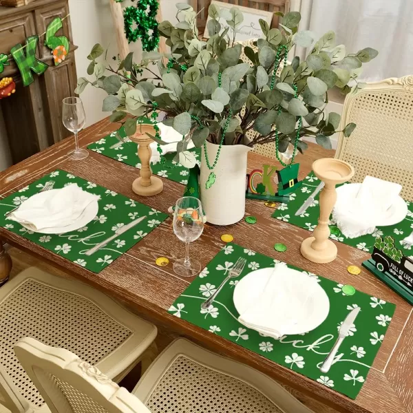 ARKENY St Patricks Day Placemats 12x18 Inches Set of 4 Shamrock Lucky Green Spring Seasonal Farmhouse Burlap Indoor Kitchen Dining Table Mats Decorations for Home Party AP5454Green Placemats Set of 4  12X18