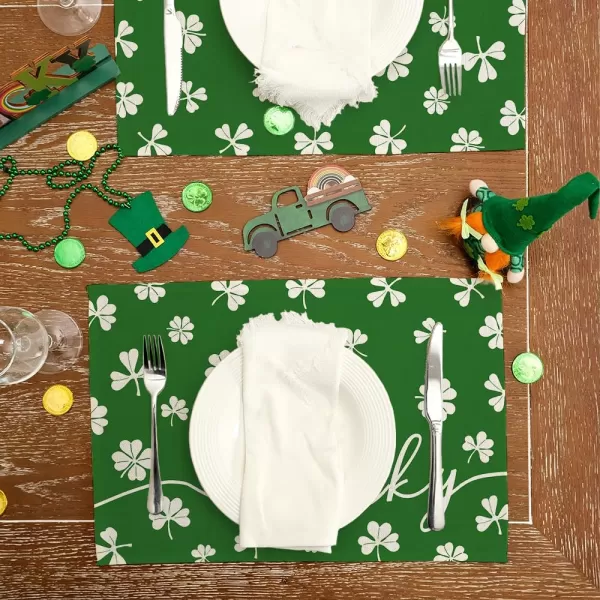 ARKENY St Patricks Day Placemats 12x18 Inches Set of 4 Shamrock Lucky Green Spring Seasonal Farmhouse Burlap Indoor Kitchen Dining Table Mats Decorations for Home Party AP5454Green Placemats Set of 4  12X18