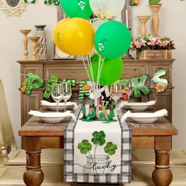 ARKENY St Patricks Day Table Runner 13x72 Inches Green Shamrock Mason Jar Lucky Spring Seasonal Farmhouse Buffalo Plaid Burlap Indoor Kitchen Dining Table Decorations for Home Party AT54772Green Table Runner  13X48