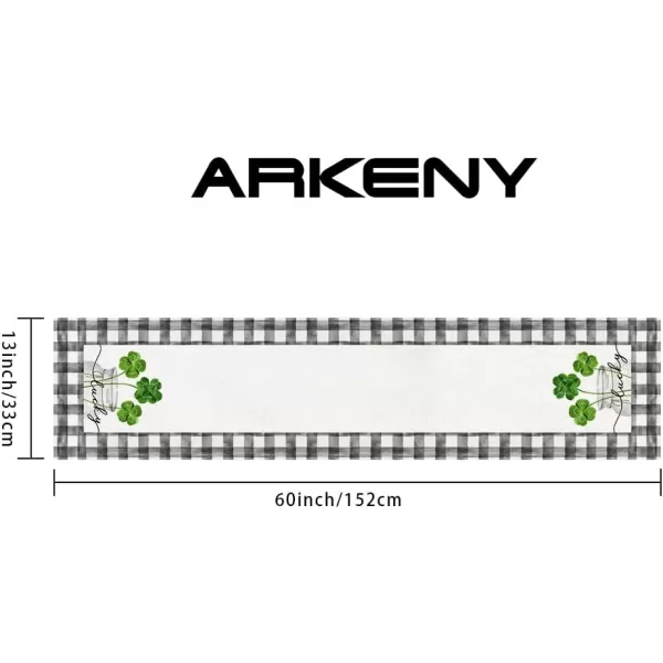 ARKENY St Patricks Day Table Runner 13x72 Inches Green Shamrock Mason Jar Lucky Spring Seasonal Farmhouse Buffalo Plaid Burlap Indoor Kitchen Dining Table Decorations for Home Party AT54772Green Table Runner  13X60