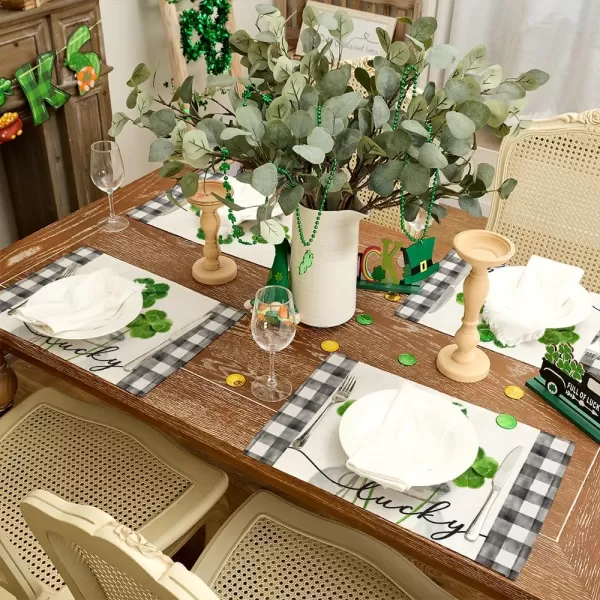 ARKENY St Patricks Day Table Runner 13x72 Inches Green Shamrock Mason Jar Lucky Spring Seasonal Farmhouse Buffalo Plaid Burlap Indoor Kitchen Dining Table Decorations for Home Party AT54772Green Placemats Set of 6  12X18