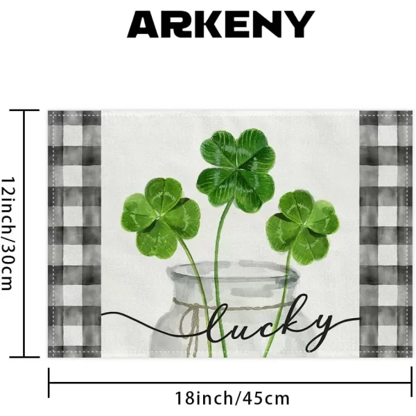 ARKENY St Patricks Day Table Runner 13x72 Inches Green Shamrock Mason Jar Lucky Spring Seasonal Farmhouse Buffalo Plaid Burlap Indoor Kitchen Dining Table Decorations for Home Party AT54772Green Placemats Set of 6  12X18