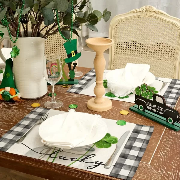 ARKENY St Patricks Day Table Runner 13x72 Inches Green Shamrock Mason Jar Lucky Spring Seasonal Farmhouse Buffalo Plaid Burlap Indoor Kitchen Dining Table Decorations for Home Party AT54772Green Placemats Set of 6  12X18