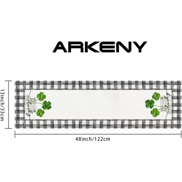 ARKENY St Patricks Day Table Runner 13x72 Inches Green Shamrock Mason Jar Lucky Spring Seasonal Farmhouse Buffalo Plaid Burlap Indoor Kitchen Dining Table Decorations for Home Party AT54772Green Table Runner  13X48