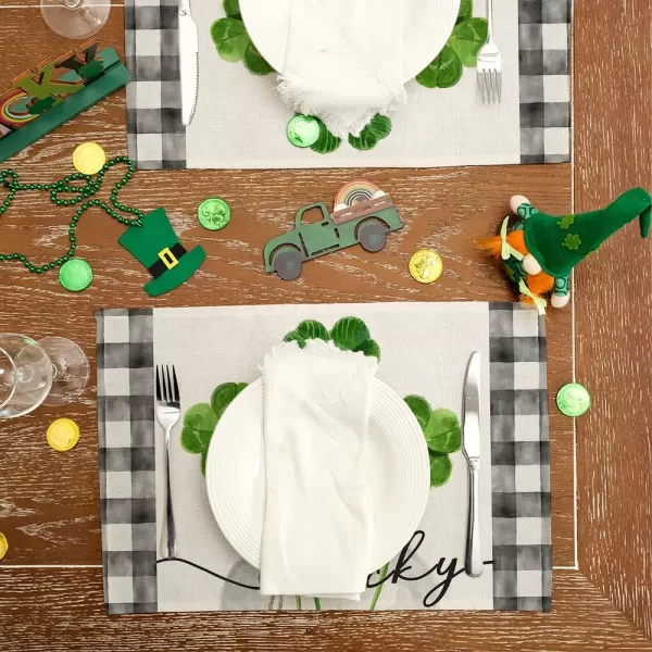 ARKENY St Patricks Day Table Runner 13x72 Inches Green Shamrock Mason Jar Lucky Spring Seasonal Farmhouse Buffalo Plaid Burlap Indoor Kitchen Dining Table Decorations for Home Party AT54772Green Placemats Set of 6  12X18