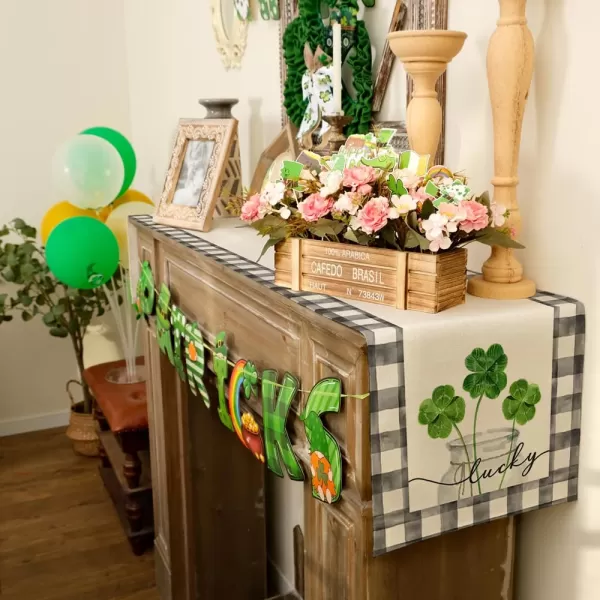 ARKENY St Patricks Day Table Runner 13x72 Inches Green Shamrock Mason Jar Lucky Spring Seasonal Farmhouse Buffalo Plaid Burlap Indoor Kitchen Dining Table Decorations for Home Party AT54772Green Table Runner  13X108